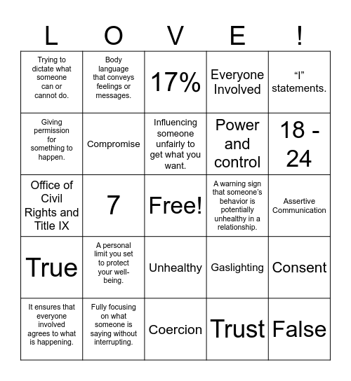 LOVE Safer Bingo Card