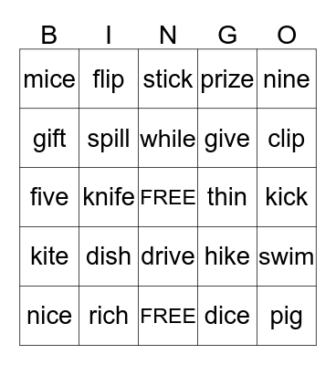 2nd short i/long i Bingo Card