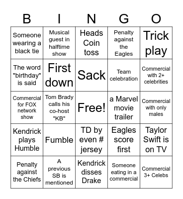 Super Bowl Bingo Card