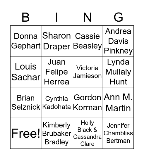 READERS RALLY 2016 AUTHORS Bingo Card