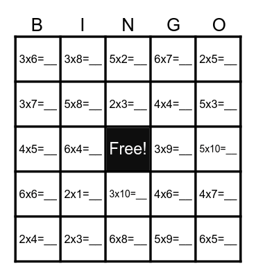 Multiplication Bingo Card