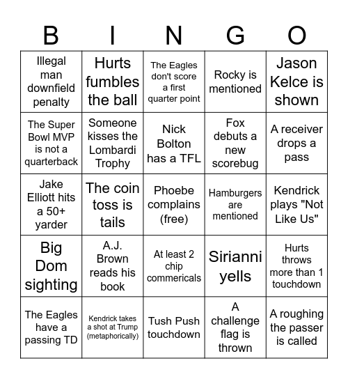 Super Bowl LIX Bingo Card