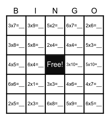 Multiplication Bingo Card