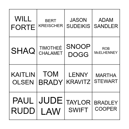 CELEBRITY BINGO! Bingo Card