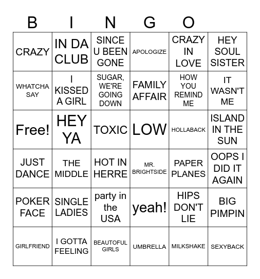 2000s Summer hits Bingo Card