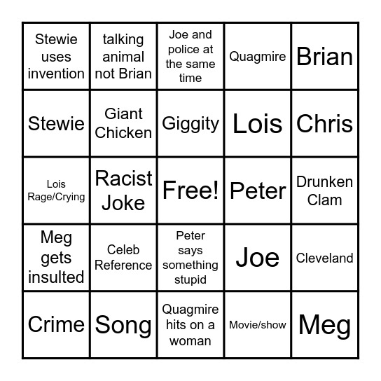 Family Guy Bingo Card