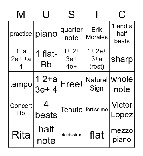 Band Valentines BINGO Card