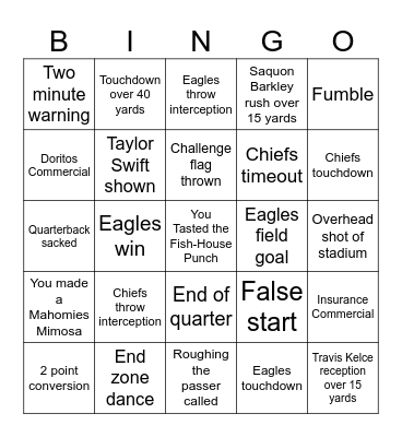 VanNatta's Super Bowl 2025 Party Bingo Card