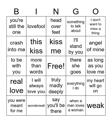 90s love songs Bingo Card