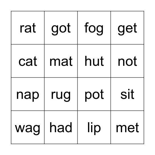 CVC Words Bingo Card