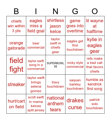 KELCE/SWIFTBOWL 2025 Bingo Card
