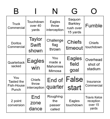 VanNatta's Super Bowl 2025 Party Bingo Card