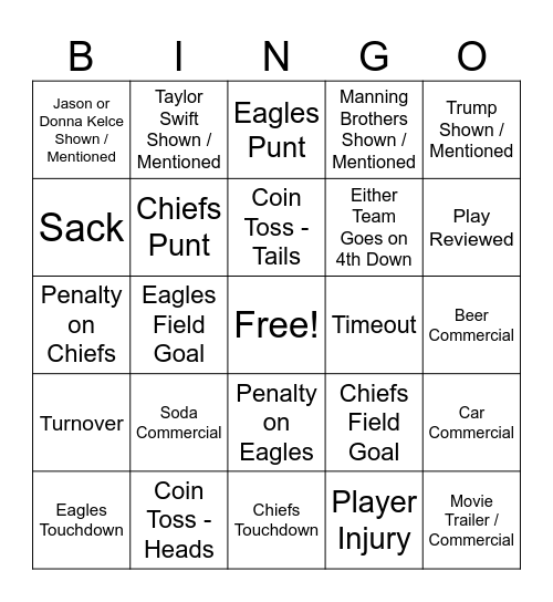 Super Bowl Bing Bingo Card