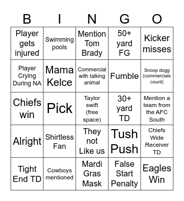 Superbowl 2025 Bingo Card
