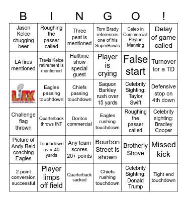 Super Bowl 2025 Bingo Card