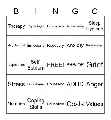 Mental Health Bingo Card