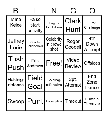 Superbowl Game Bingo Card