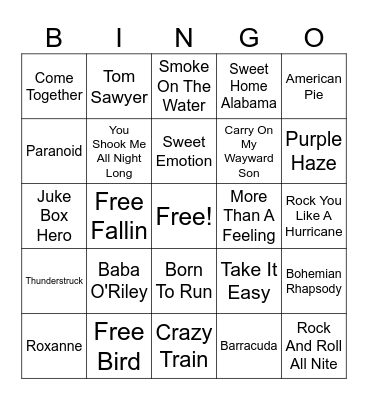 Classic Rock Songs Bingo Card