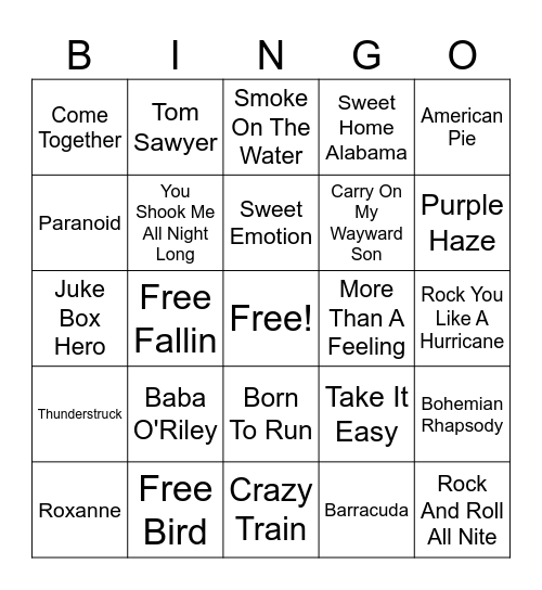 Classic Rock Songs Bingo Card