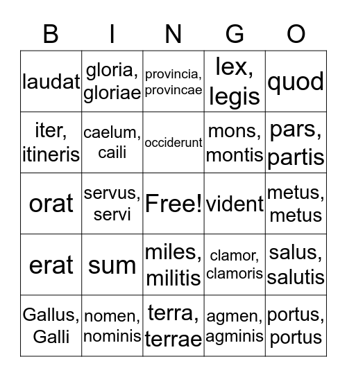 Latin Bingo Card