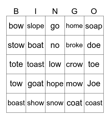 Long O Words Bingo Card