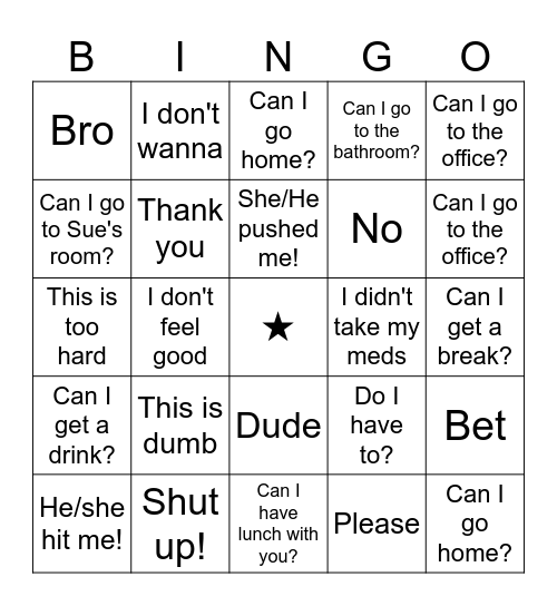 Things our Students say Bingo Card