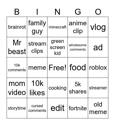 shorts bingo Card