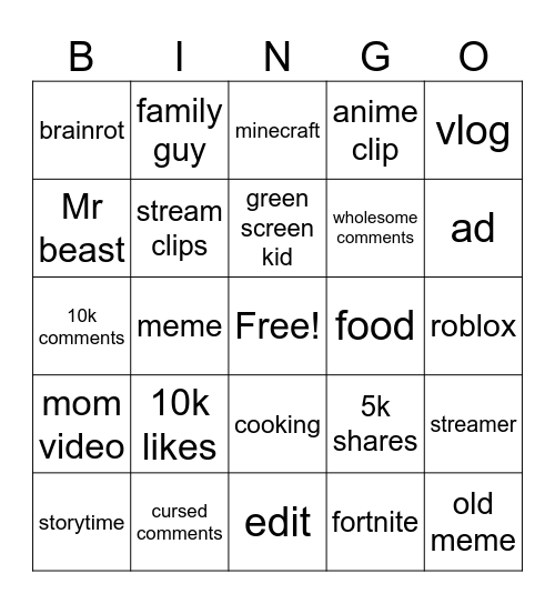 shorts bingo Card