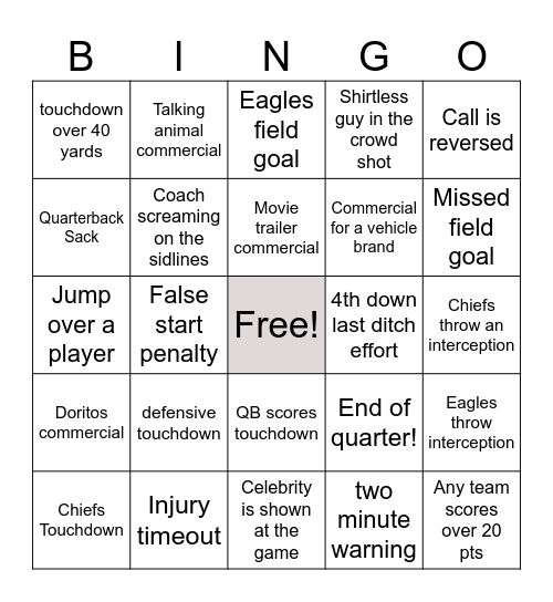 Chiefs vs. Eagles Bingo Card