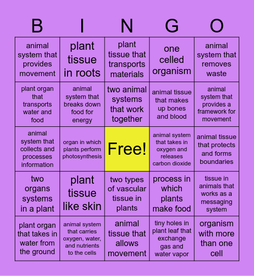 Plant & Animal Body Bingo Card