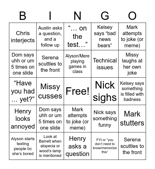 Class Bingo Card