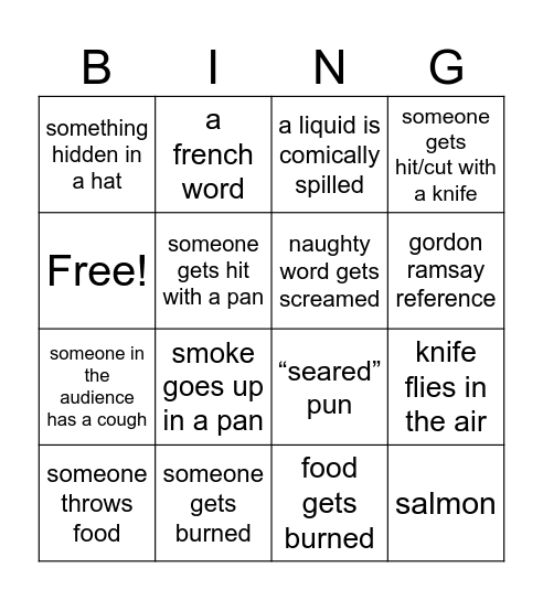 “Seared” Bingo Card