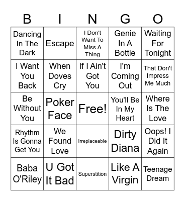 Super Bowl Halftime Performers Bingo Card