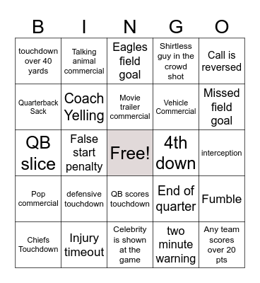 Chiefs vs. Eagles Bingo Card