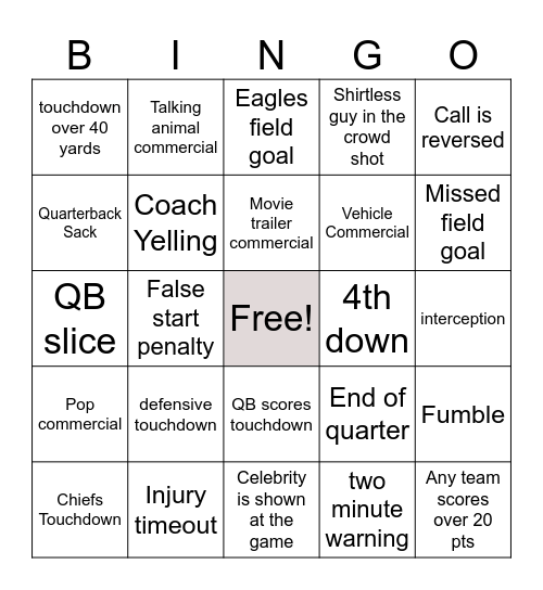 Chiefs vs. Eagles Bingo Card