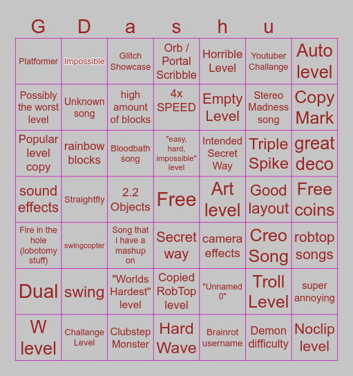 GD recent tab Bingo Card