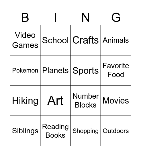 Common Interest Bingo Card