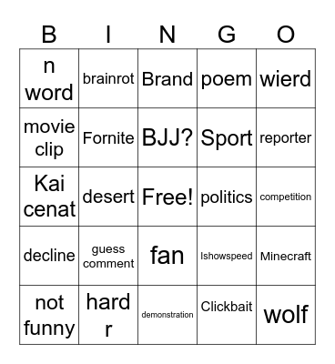 youtube search gusser Bingo Card