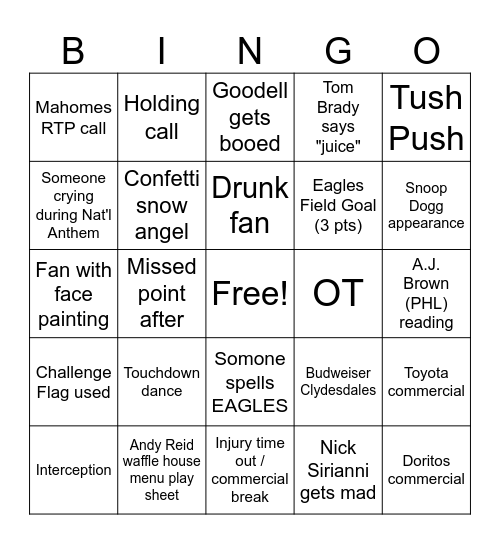 Super Bowl LIX Bingo Card