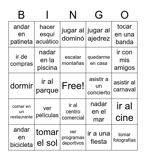Mi Tiempo Libre Bingo Card