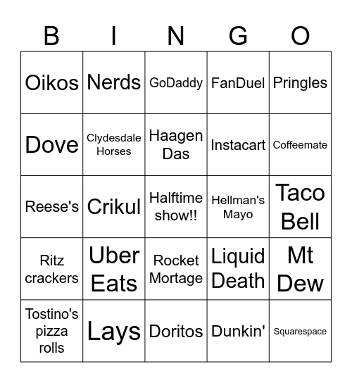 2025 Super Bowl Commercial Bingo Card