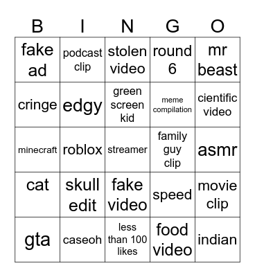 shorts youtube Bingo Card
