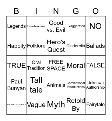 Traditional Literature  Bingo Card