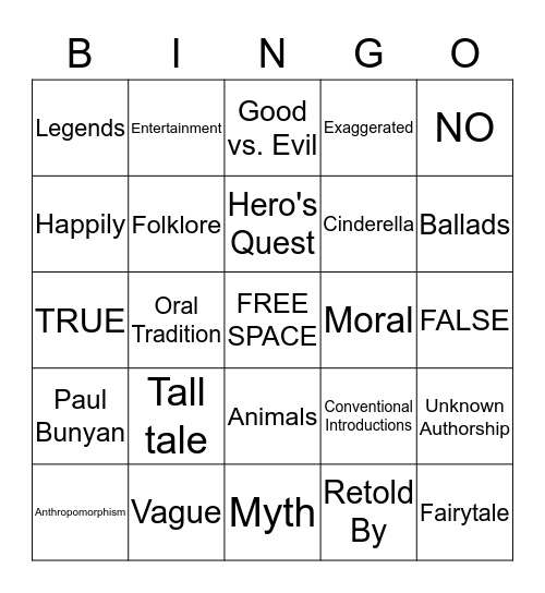 Traditional Literature  Bingo Card