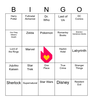For the Love of Fandom! Bingo Card