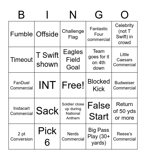 Super Bowl LIX Bingo Card