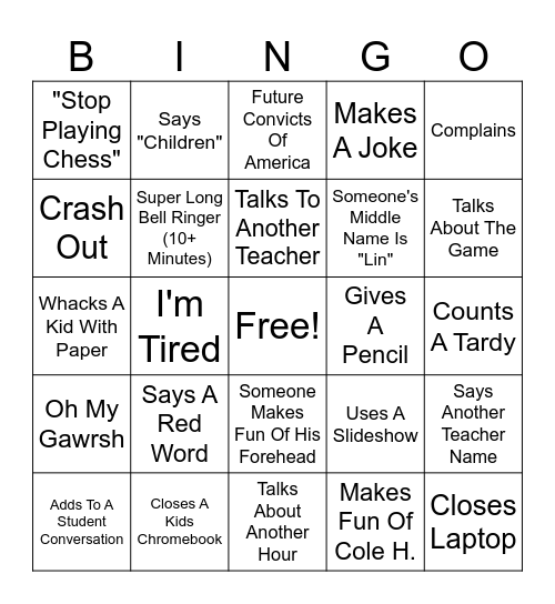 Mr. Hinton 1st Hour Bingo Sheet Bingo Card