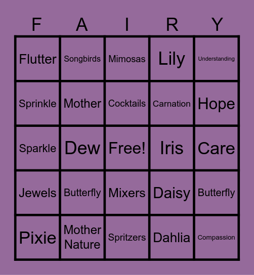 A "Fairy" Fun Bingo Game Bingo Card
