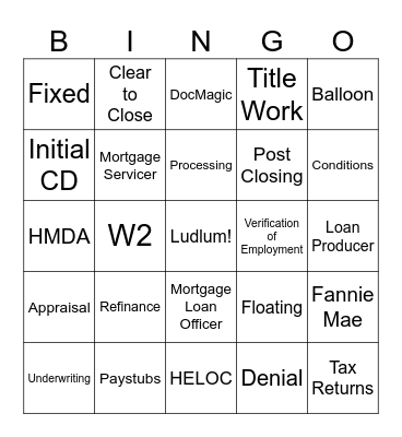 Mortgage Bingo Card
