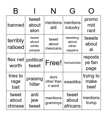 Kanye Twitter Rant feb 2025 Bingo Card